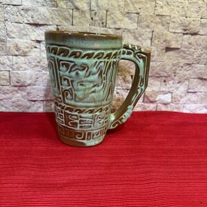 Vintage Mayan Aztec Prairie Green Frankoma Grand Mug 7M Embossed Glaze Very Nice